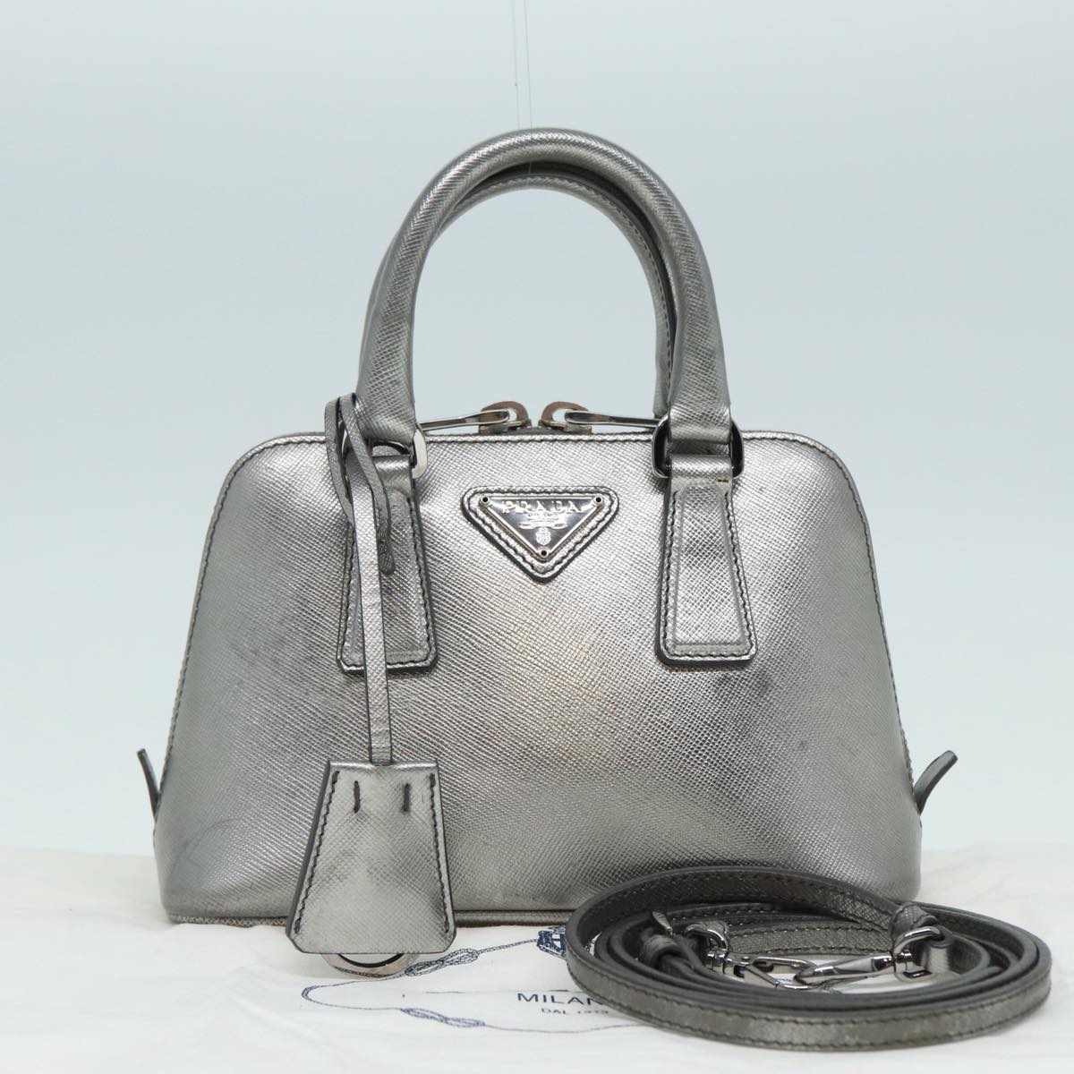 PRADA Hand Bag Safiano leather 2way Silver Auth 89571