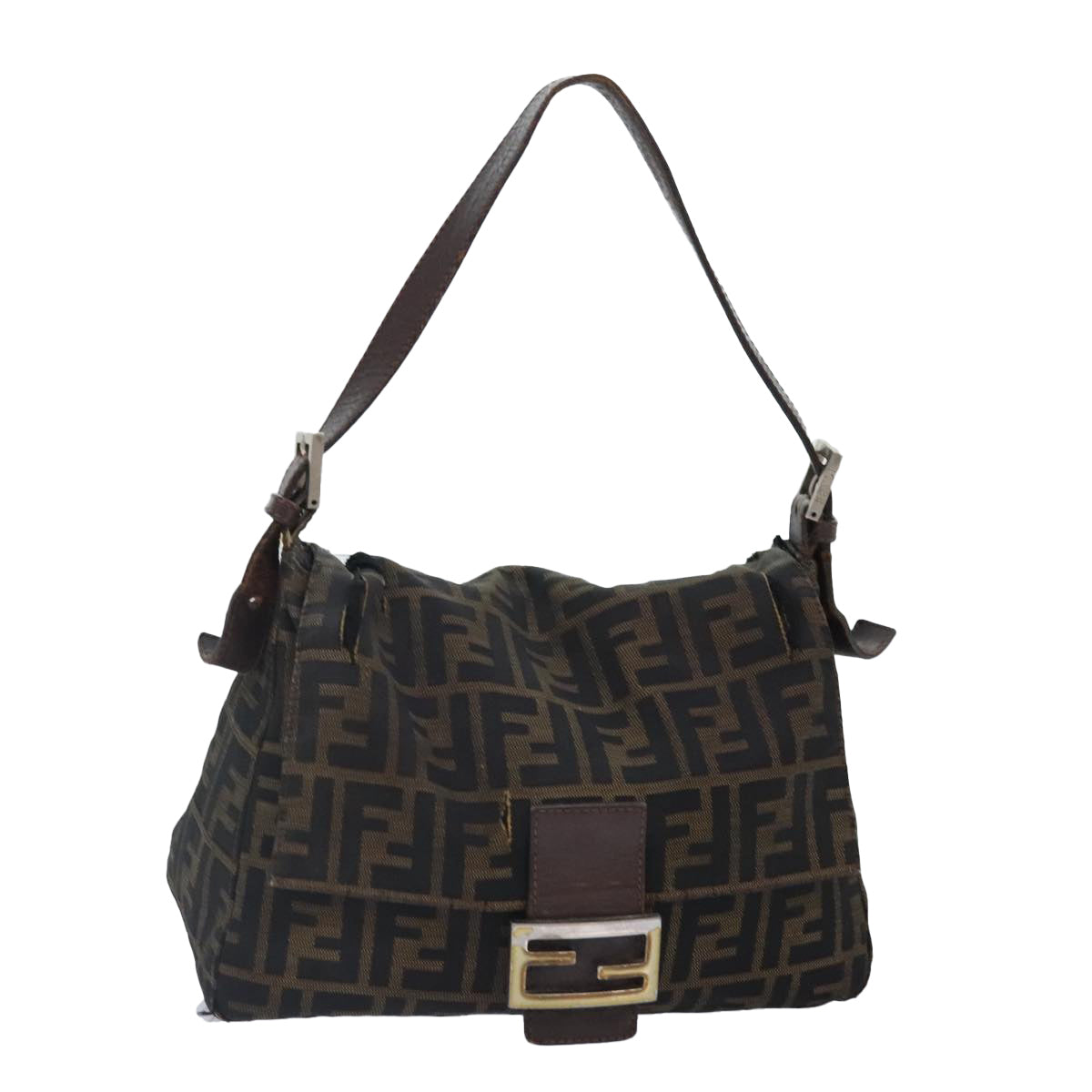 FENDI Zucca Canvas Mamma Baguette Shoulder Bag Brown Black gold Auth 89599