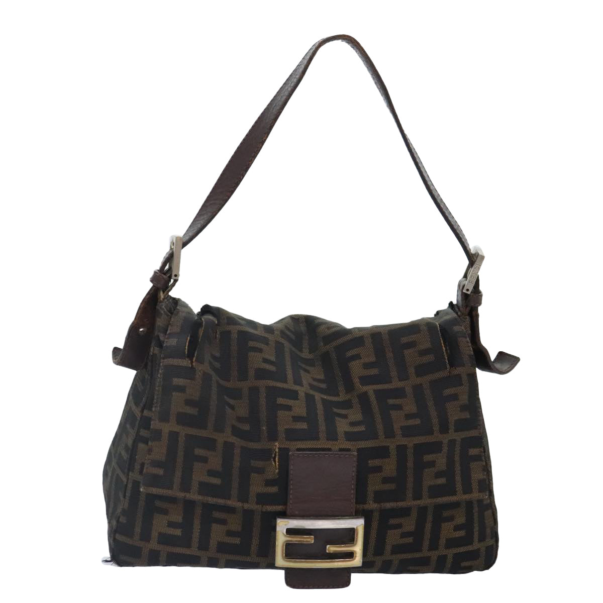 FENDI Zucca Canvas Mamma Baguette Shoulder Bag Brown Black gold Auth 89599