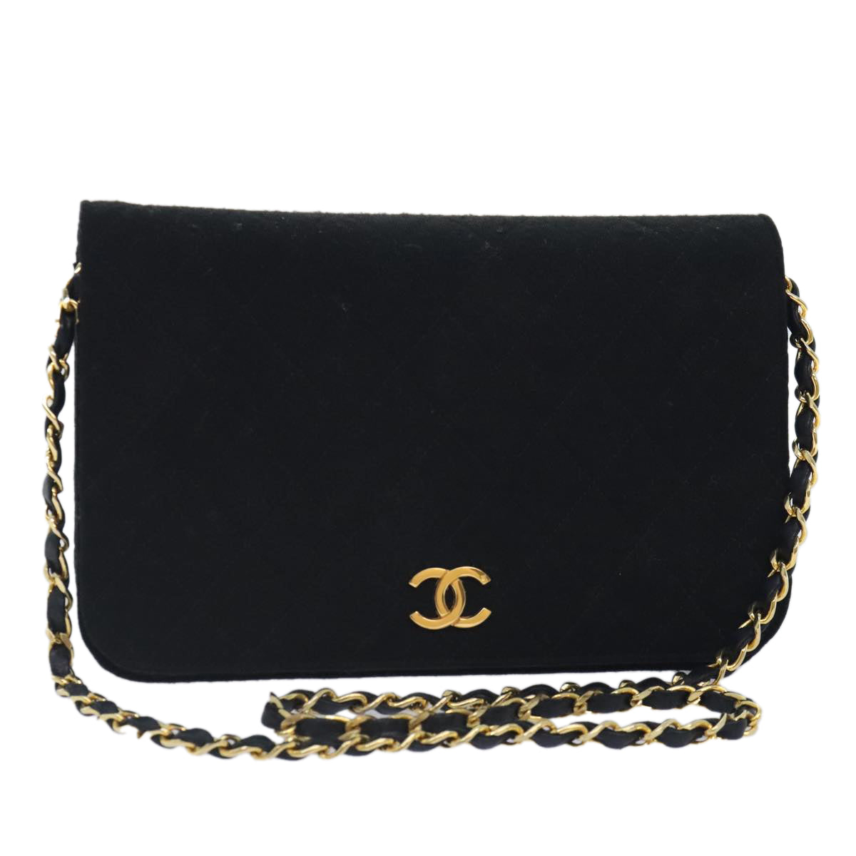 CHANEL Matelasse Chain Shoulder Bag cotton Black CC Auth 89600