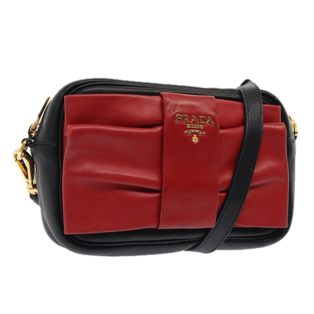 PRADA Shoulder Bag Leather Red Black gold Auth 89601