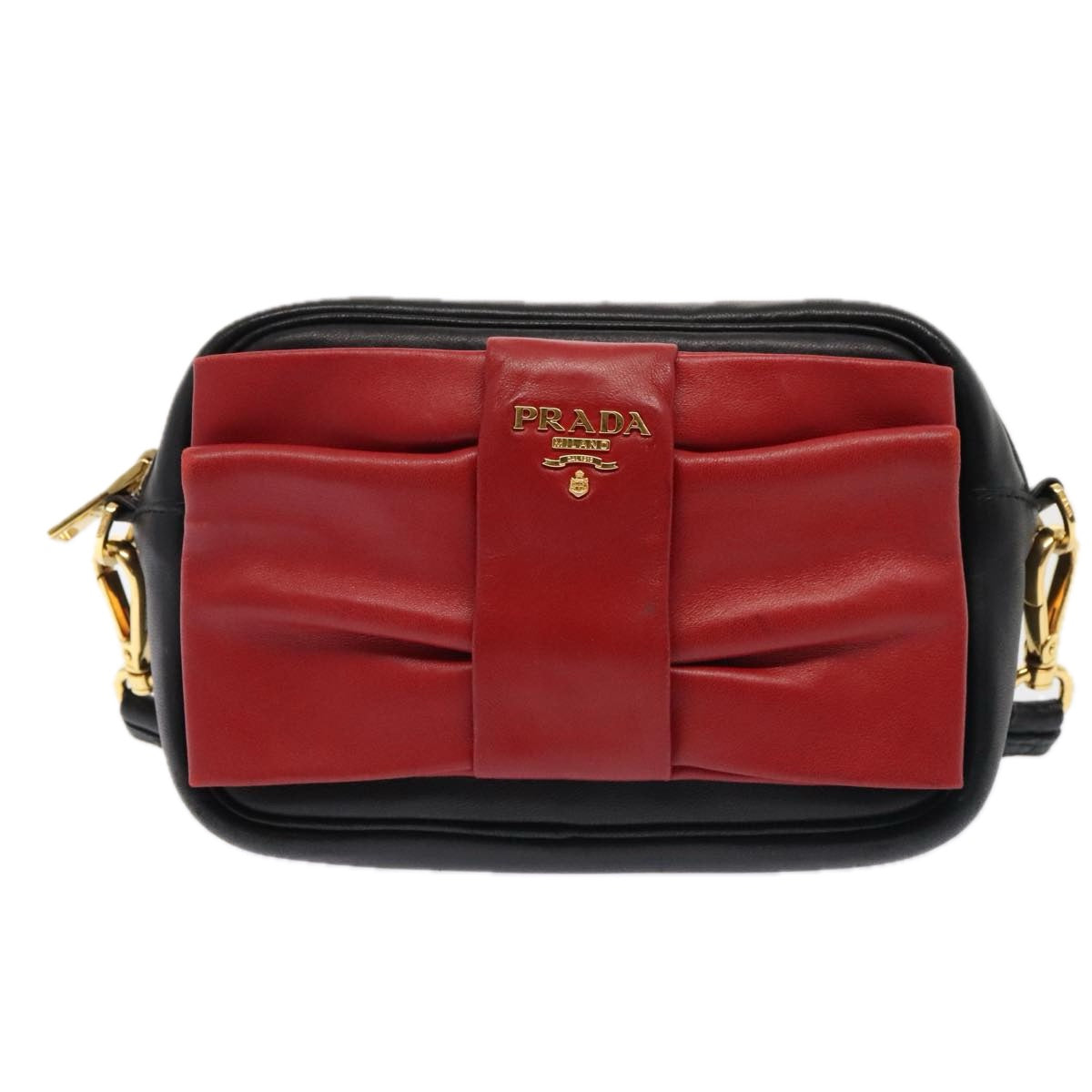 PRADA Shoulder Bag Leather Red Black gold Auth 89601