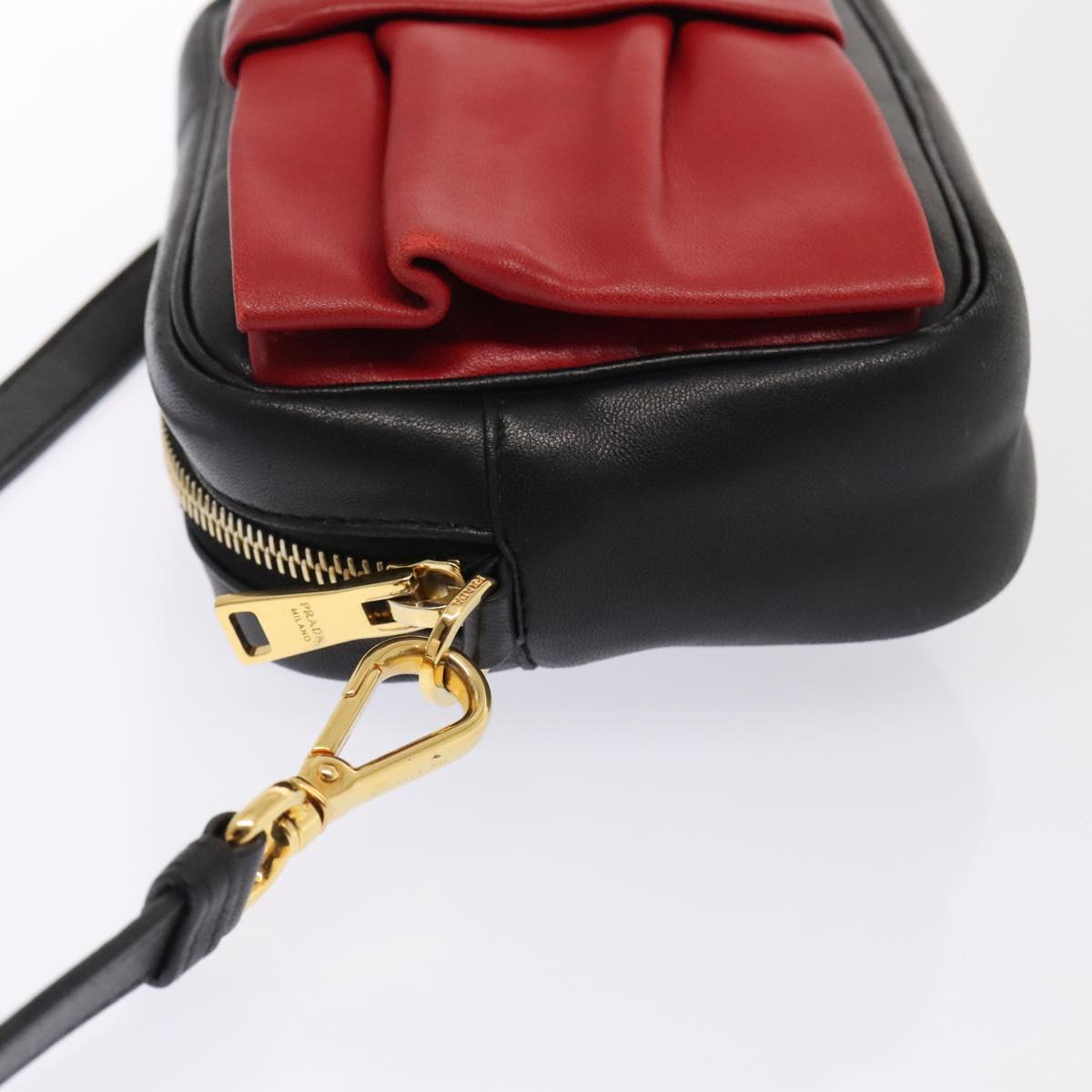 PRADA Shoulder Bag Leather Red Black gold Auth 89601