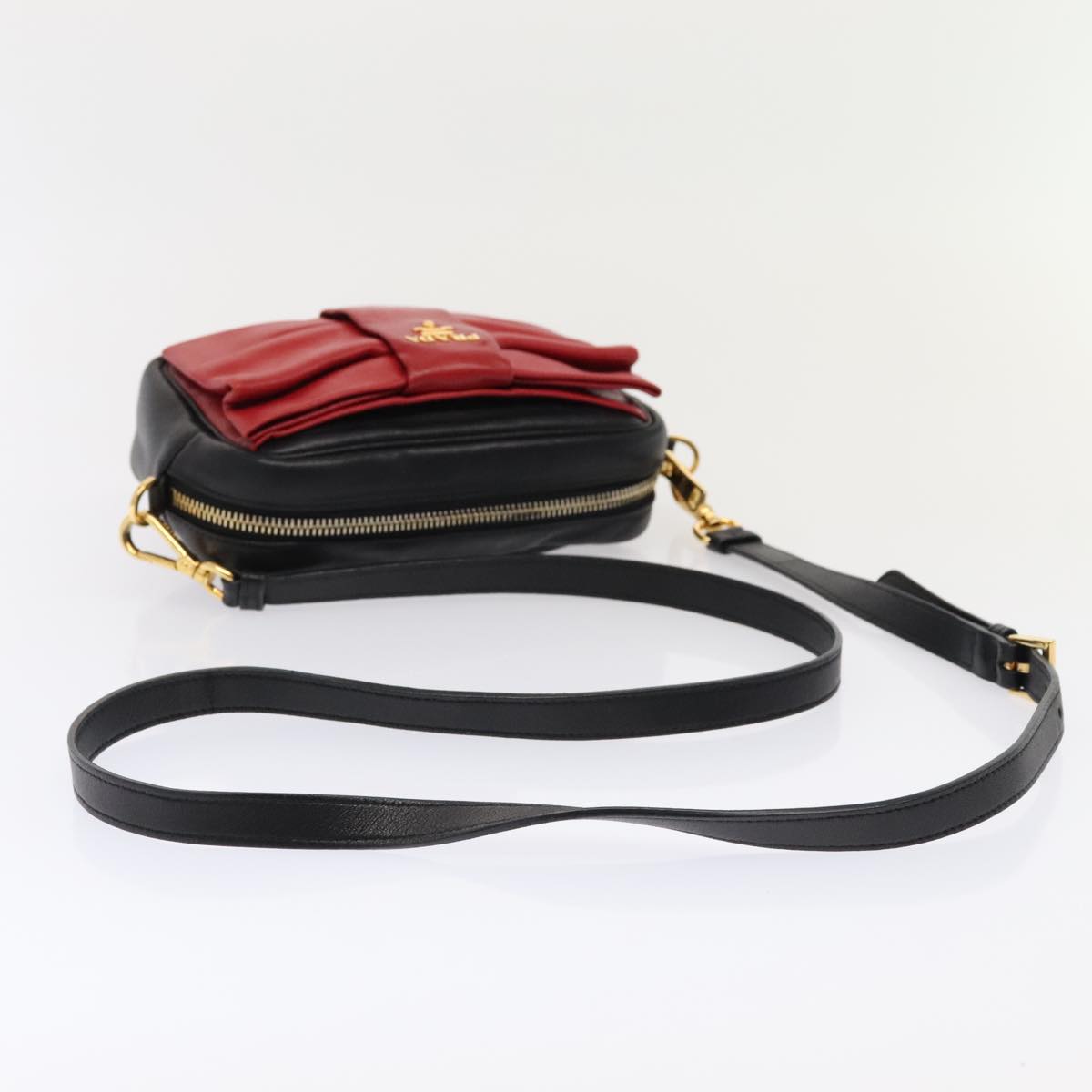 PRADA Shoulder Bag Leather Red Black gold Auth 89601