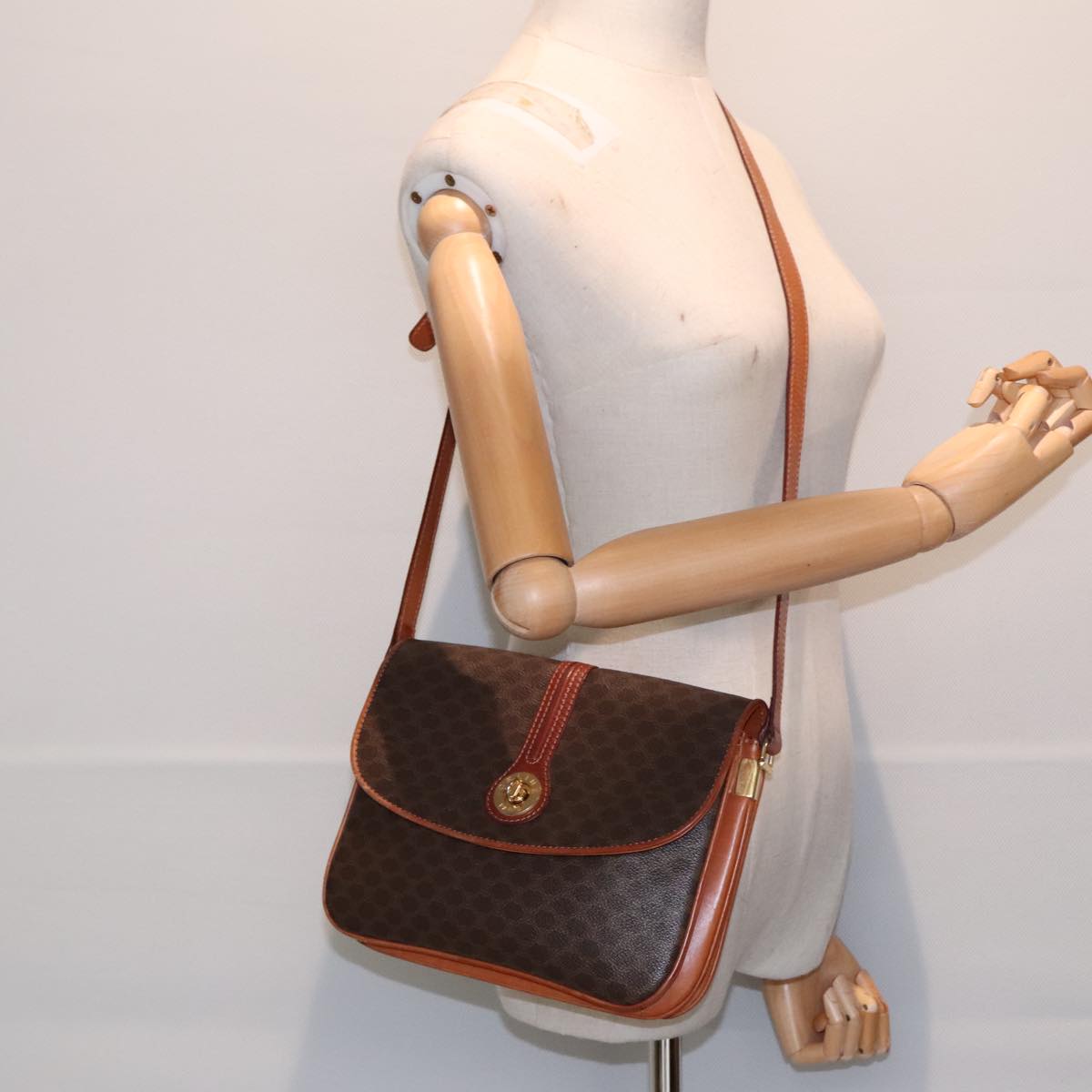 CELINE Macadam Canvas Shoulder Bag PVC Leather Brown Gold Auth 89610