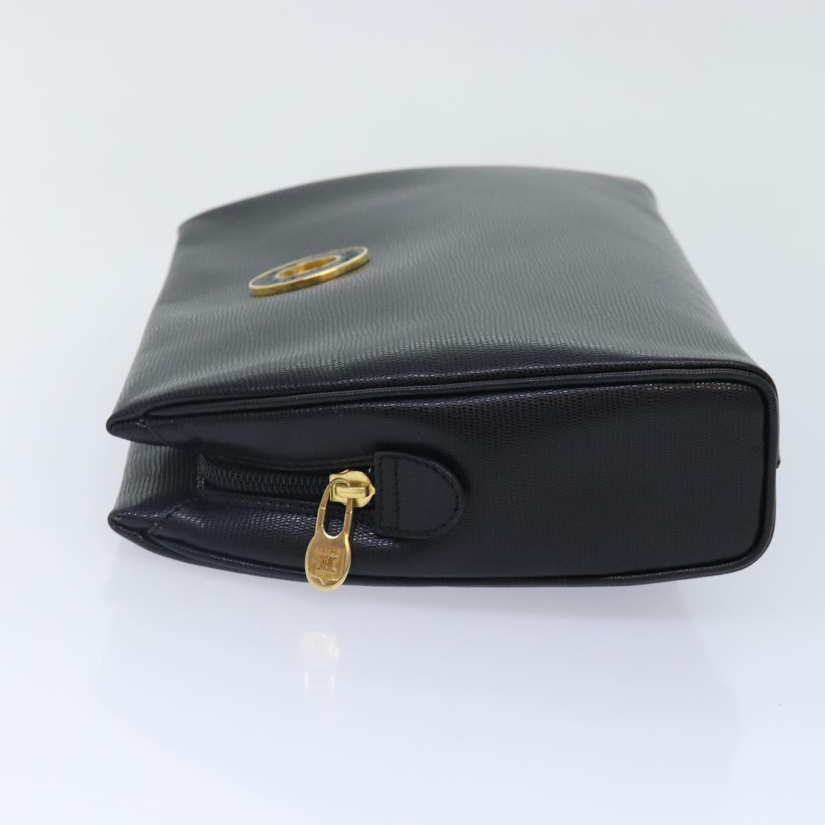 CELINE Clutch Bag Leather Black Gold Auth 89611