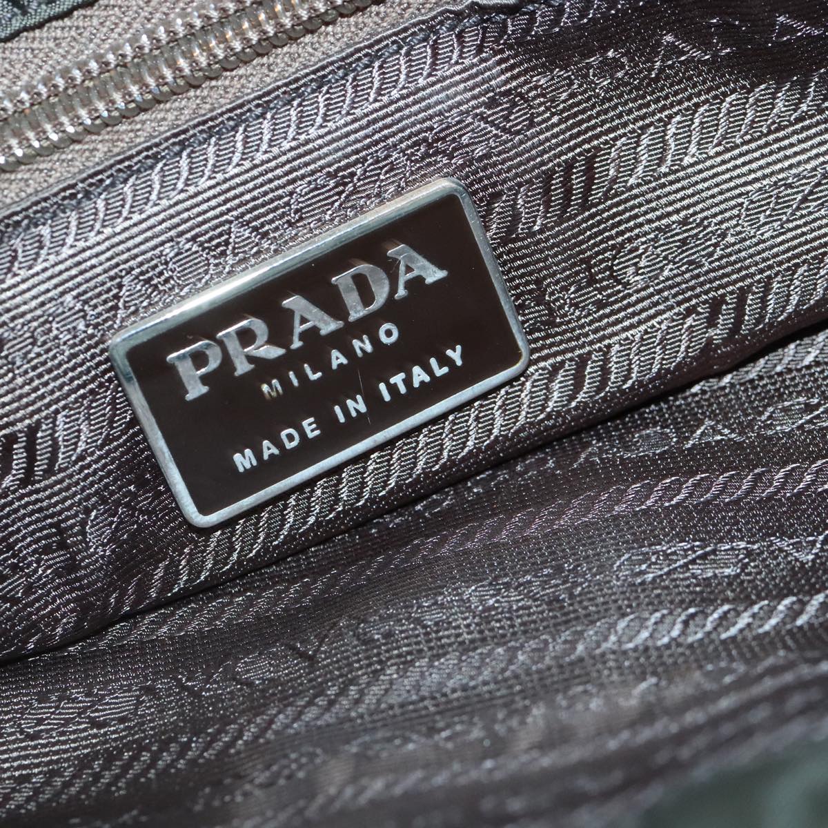 PRADA Tote Bag Nylon Khaki Silver Auth 89615