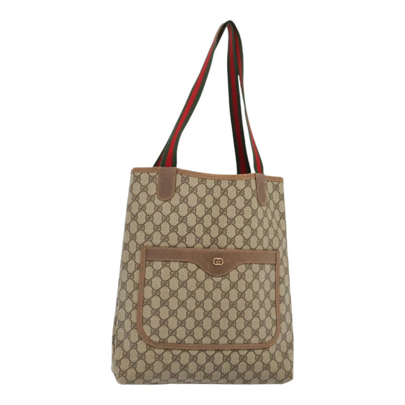 GUCCI GG Supreme Web Sherry Line Tote Bag PVC Leather Beige Auth 89625