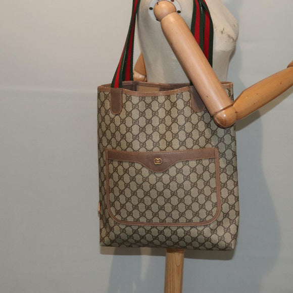 GUCCI GG Supreme Web Sherry Line Tote Bag PVC Leather Beige Auth 89625