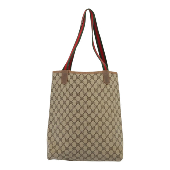 GUCCI GG Supreme Web Sherry Line Tote Bag PVC Leather Beige Auth 89625