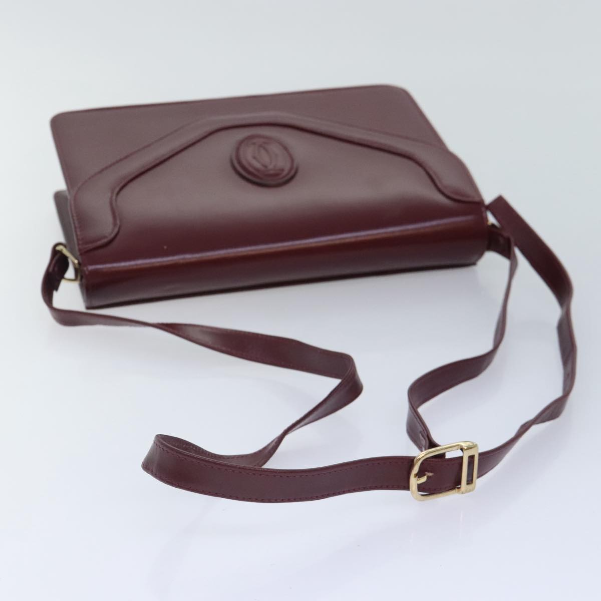 CARTIER Shoulder Bag Leather Bordeaux Gold Auth 89702