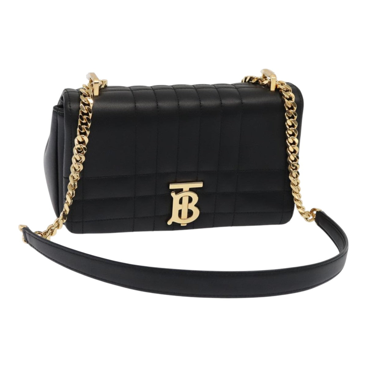 BURBERRY Roller Chain Shoulder Bag Leather Black Gold Auth 89730A