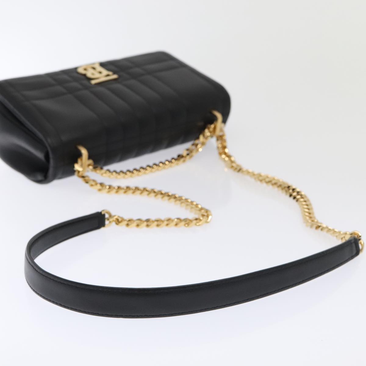 BURBERRY Roller Chain Shoulder Bag Leather Black Gold Auth 89730A