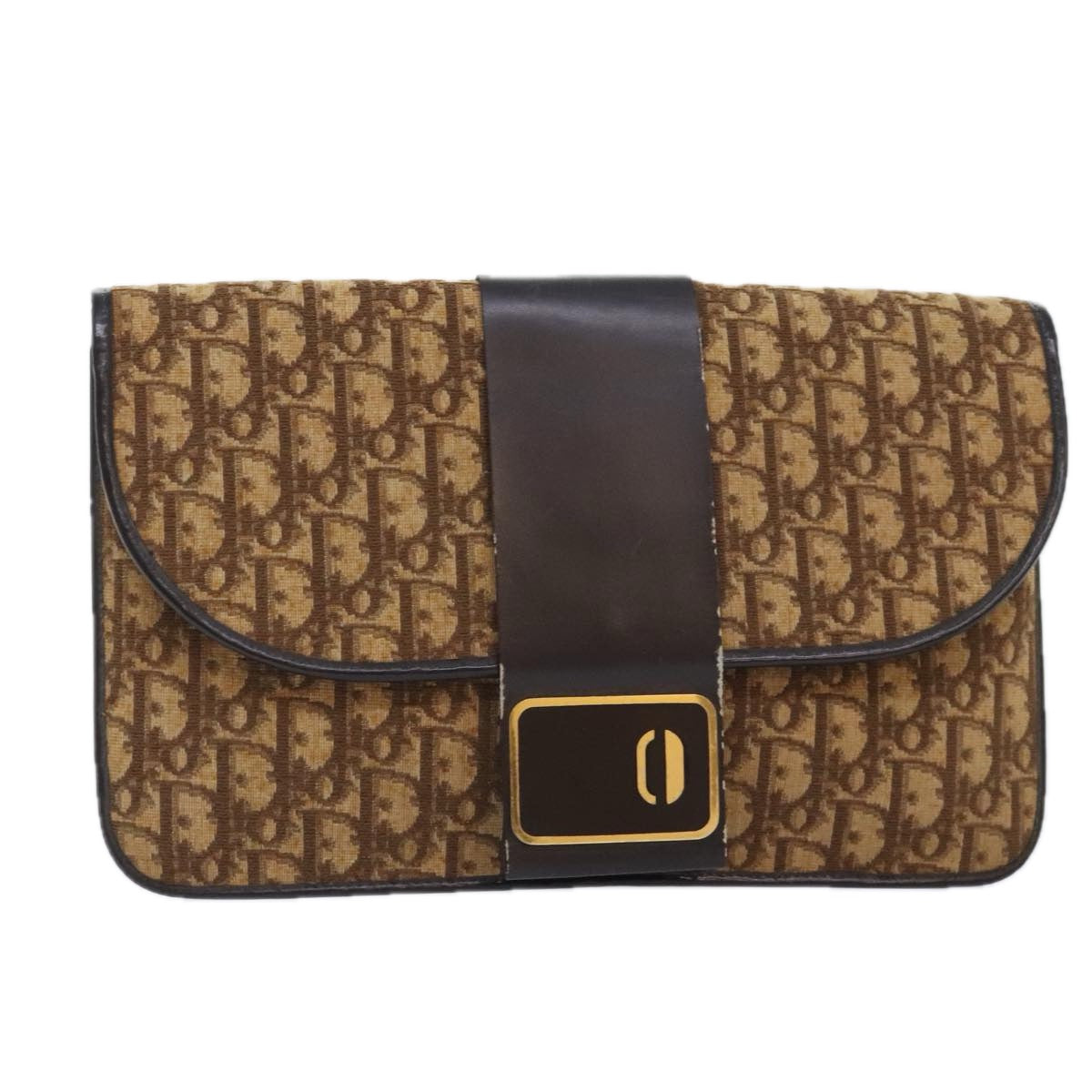 Christian Dior Trotter Canvas Clutch Bag Brown Gold Auth 89742