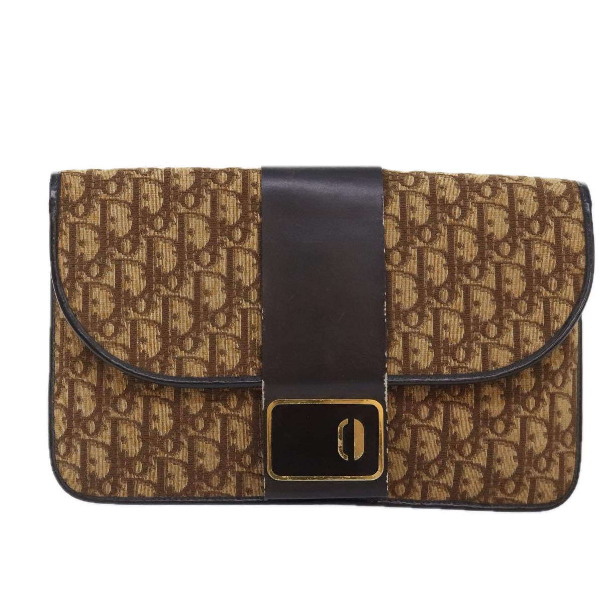 Christian Dior Trotter Canvas Clutch Bag Brown Gold Auth 89742