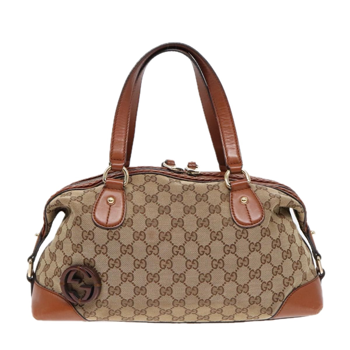 GUCCI GG Canvas Hand Bag Beige Brown Gold 296898 Auth 89757