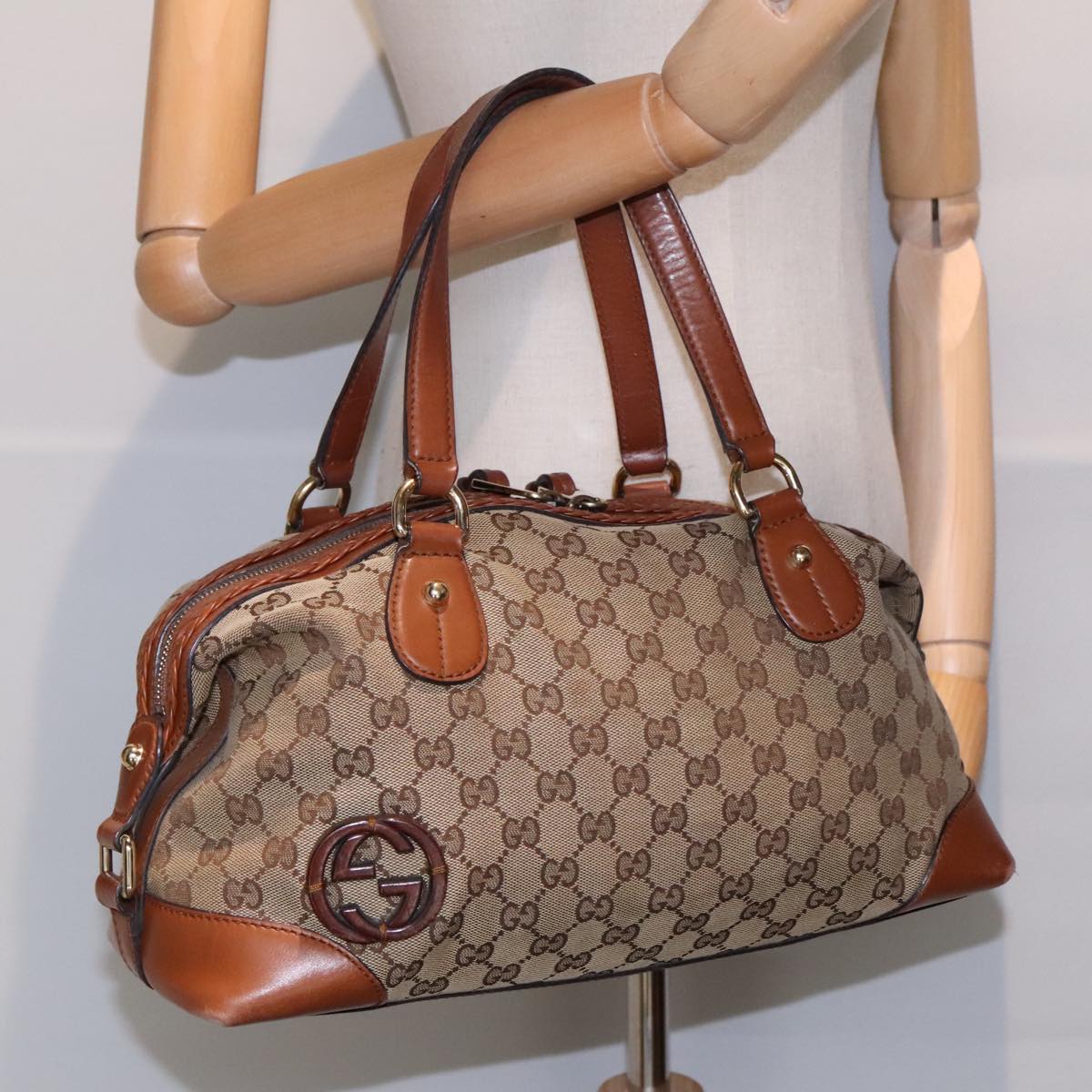 GUCCI GG Canvas Hand Bag Beige Brown Gold 296898 Auth 89757