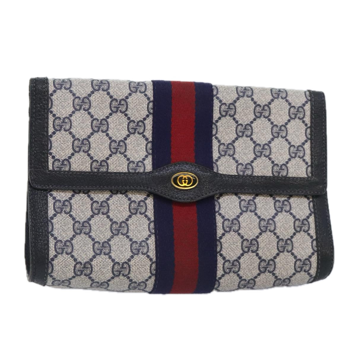 GUCCI GG Supreme Sherry Line Clutch Bag PVC Navy Red 84 01 006 Auth 89769