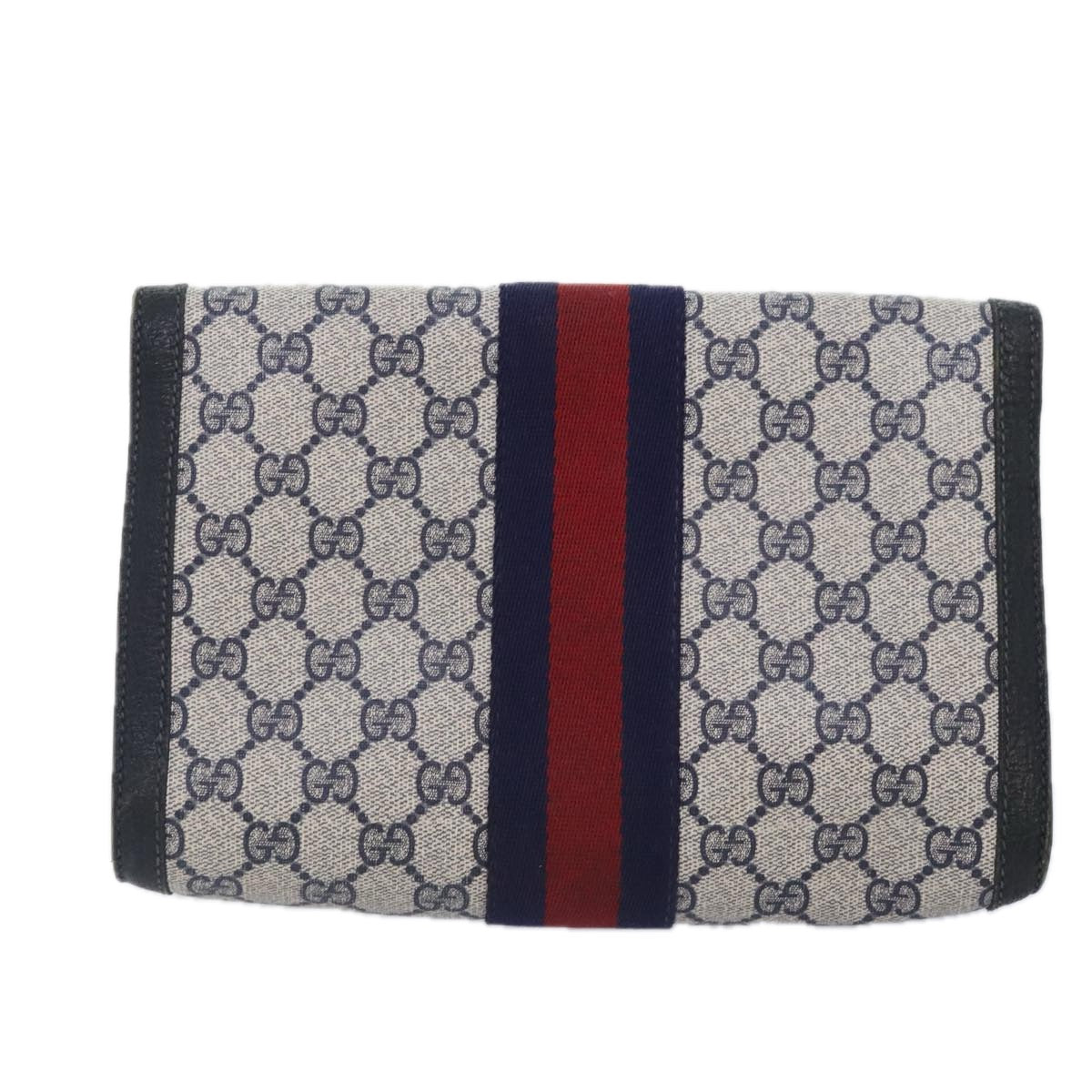 GUCCI GG Supreme Sherry Line Clutch Bag PVC Navy Red 84 01 006 Auth 89769