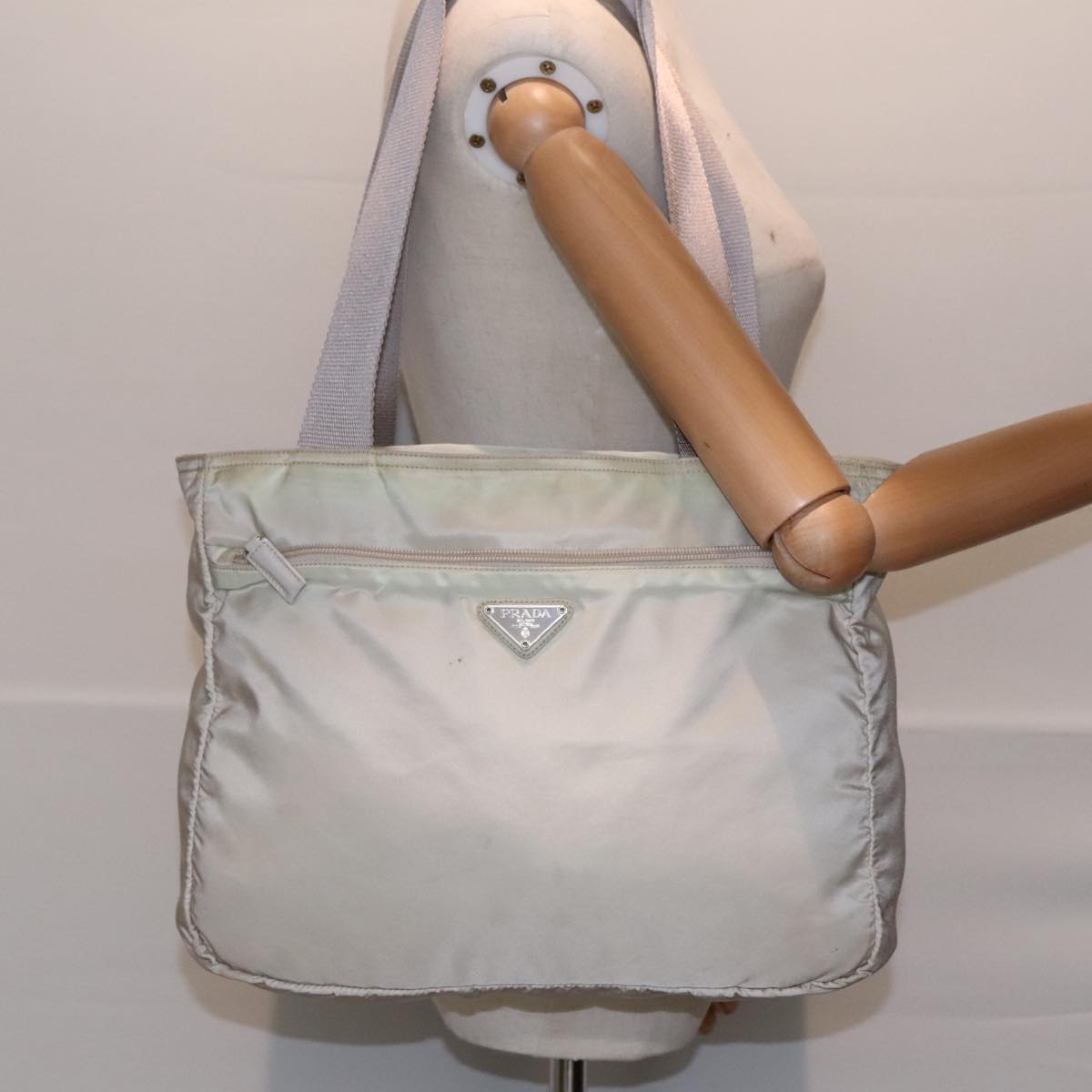 PRADA Tote Bag Nylon Beige Silver Auth 89784