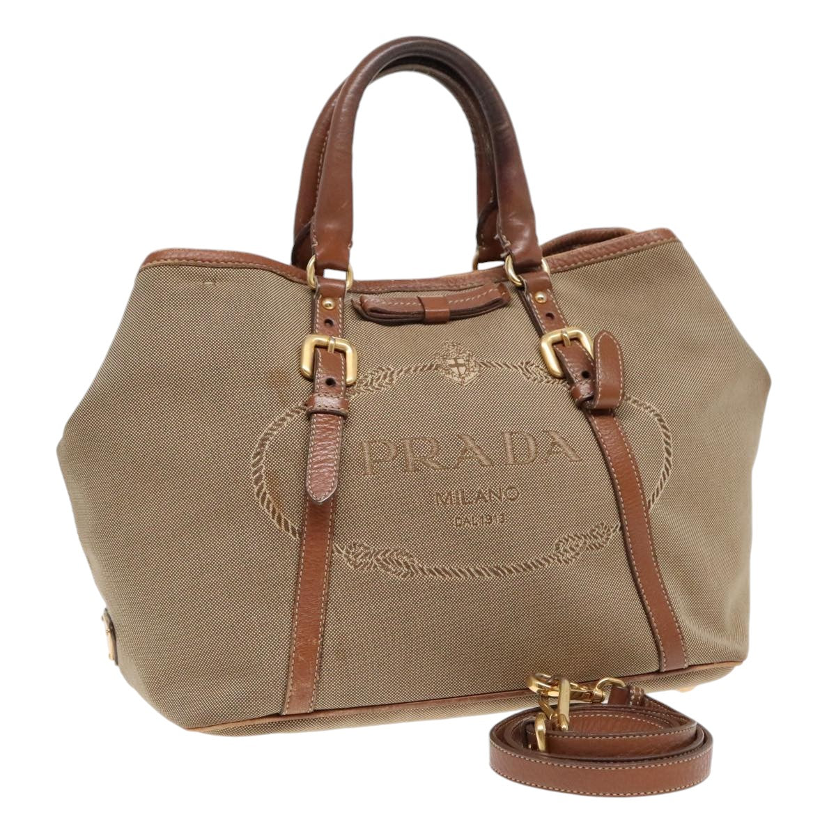 PRADA Tote Bag Canvas Leather 2way Beige Gold Auth 89786