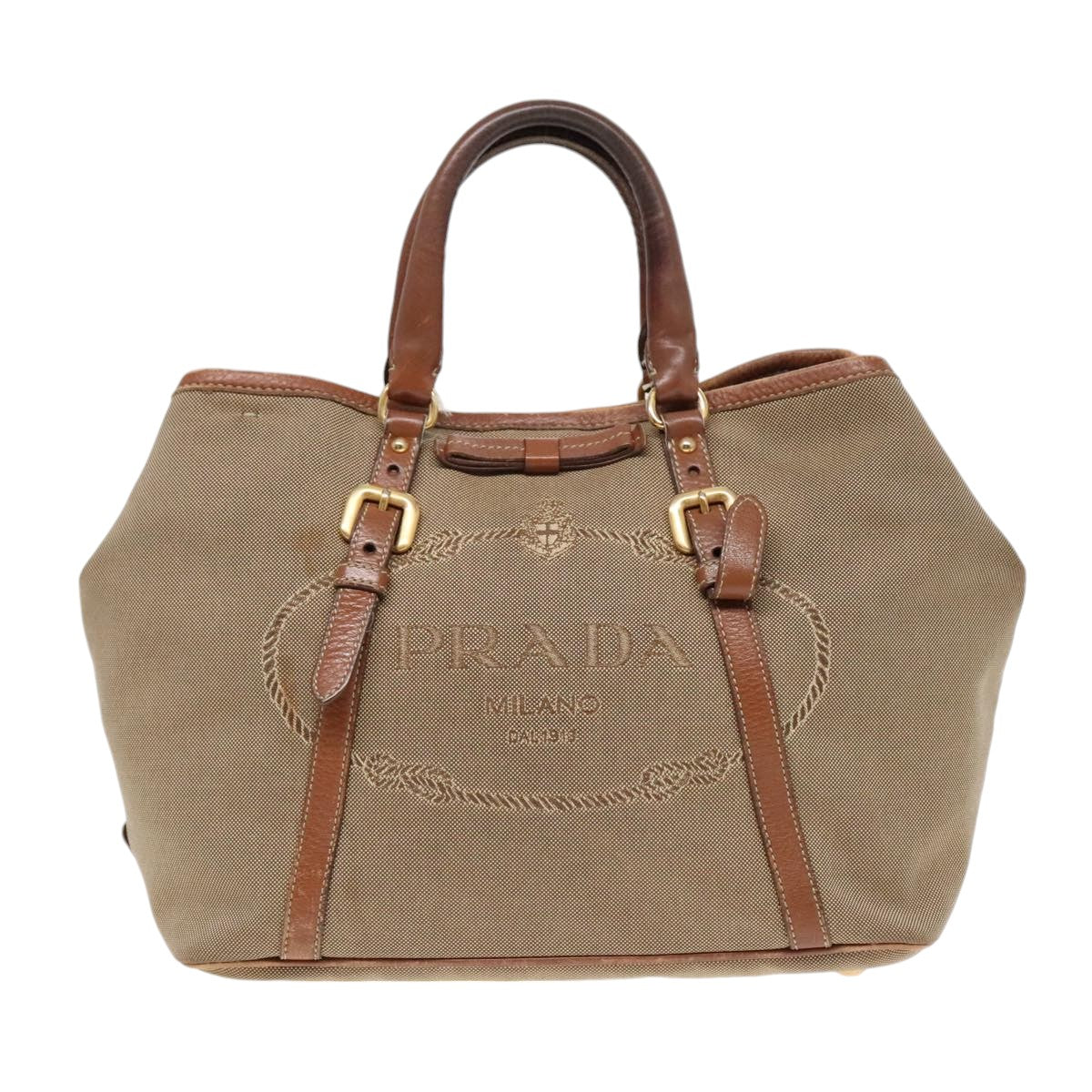 PRADA Tote Bag Canvas Leather 2way Beige Gold Auth 89786