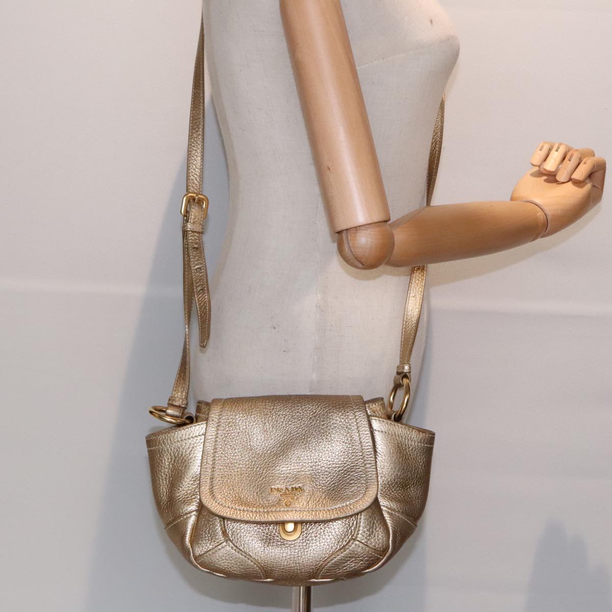 PRADA Shoulder Bag Leather Gold Auth 89788