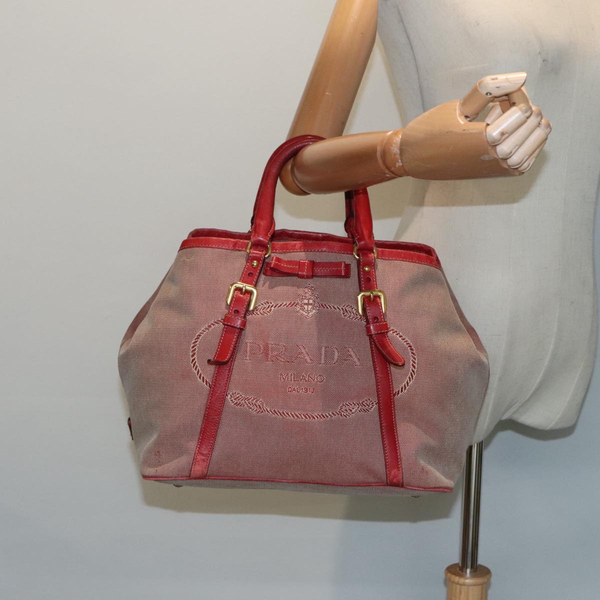 PRADA Hand Bag Canvas Red Auth 89789