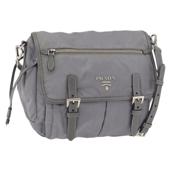PRADA Umhängetasche Nylon Grau Silber Auth 89792