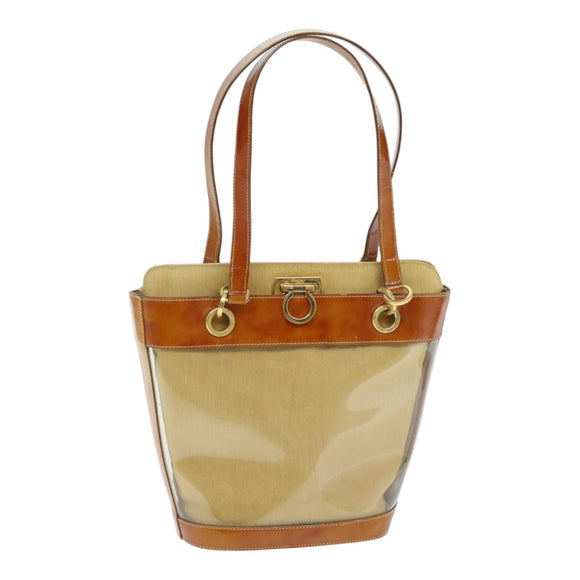 Salvatore Ferragamo Gancini Shoulder Bag Vinyl Beige Orange Auth 89799