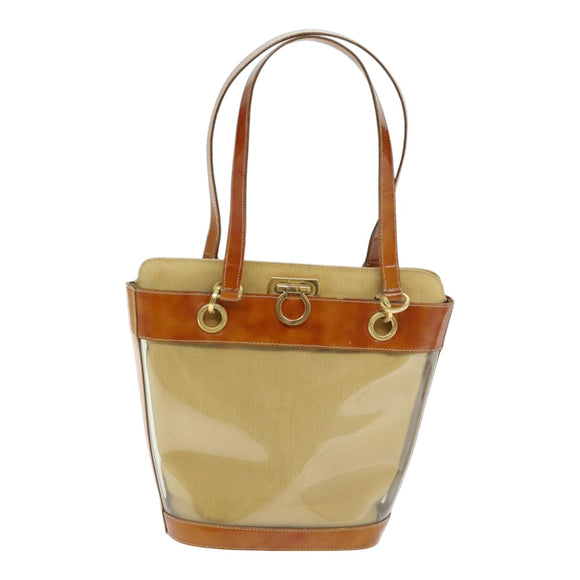 Salvatore Ferragamo Gancini Shoulder Bag Vinyl Beige Orange Auth 89799