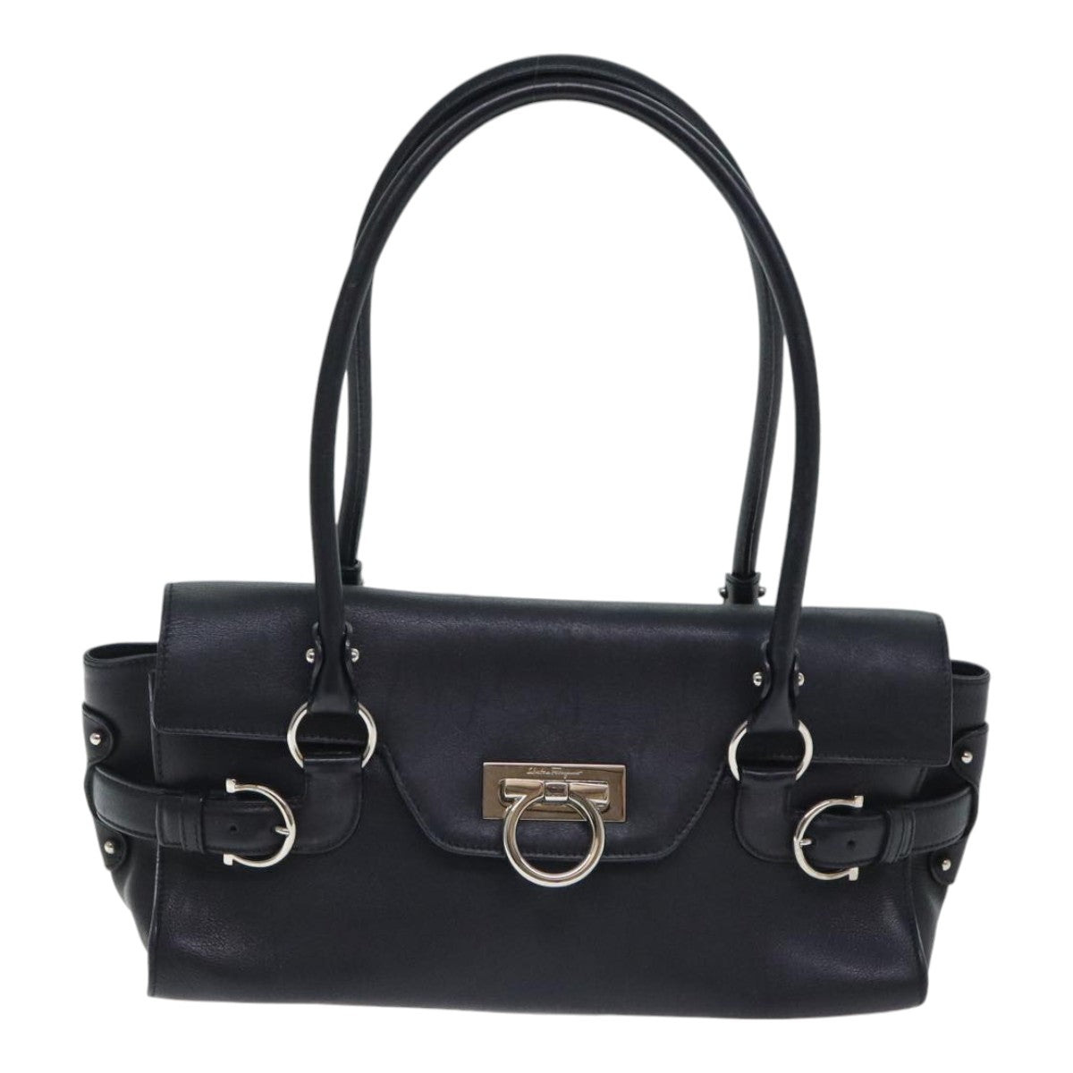 Salvatore Ferragamo Gancini Shoulder Bag Leather Black Auth 89805