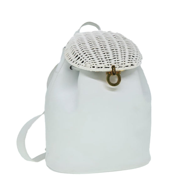 Salvatore Ferragamo Backpack Leather Wicker White Gold Auth 89808V
