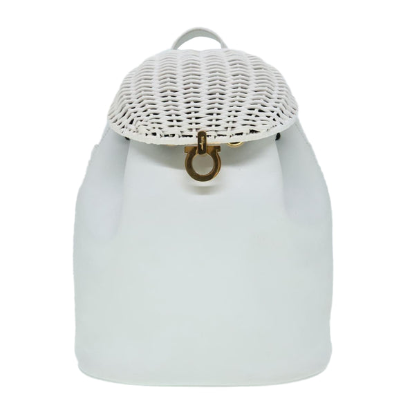 Salvatore Ferragamo Backpack Leather Wicker White Gold Auth 89808V