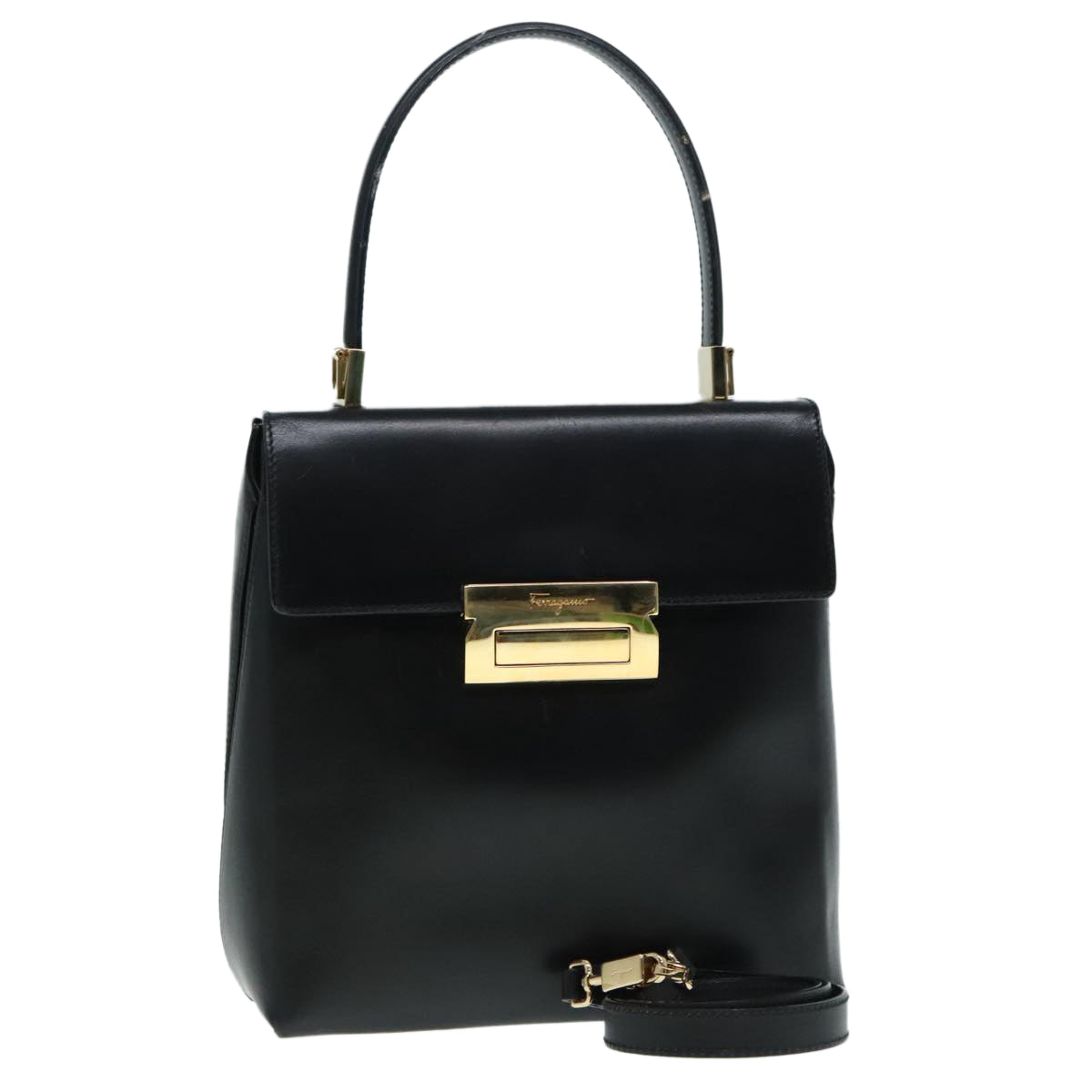 Salvatore Ferragamo Hand Bag Leather 2way Black Auth 89812