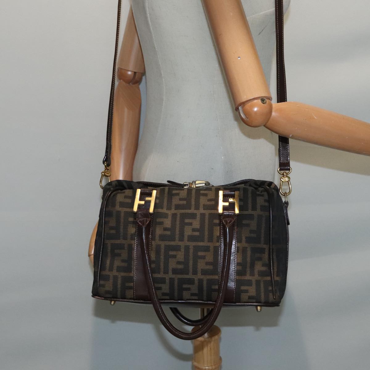 FENDI Zucca Canvas Hand Bag 2way Brown Black gold Auth 89813