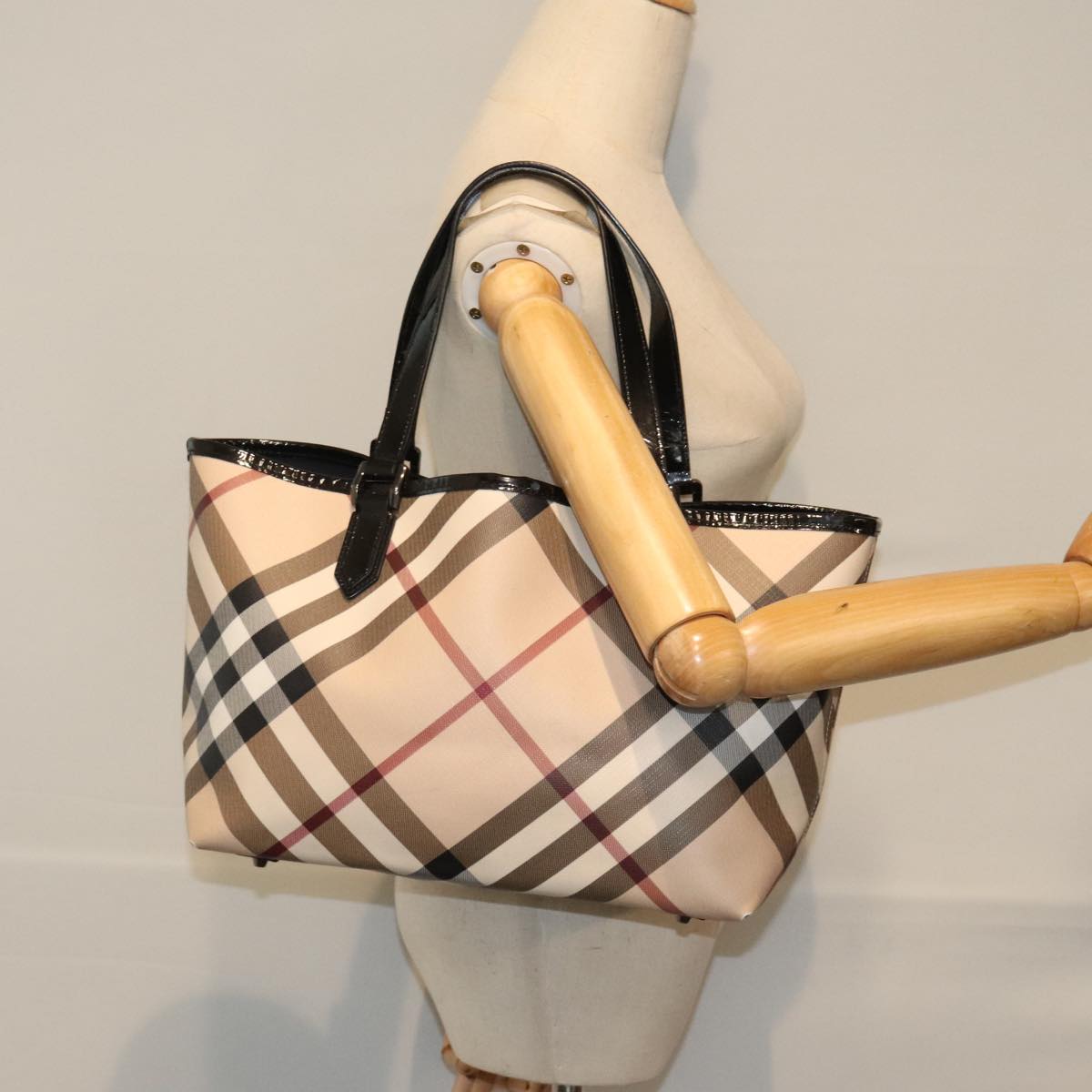 BURBERRY Nova Check Hand Bag PVC Beige Black Auth 89822