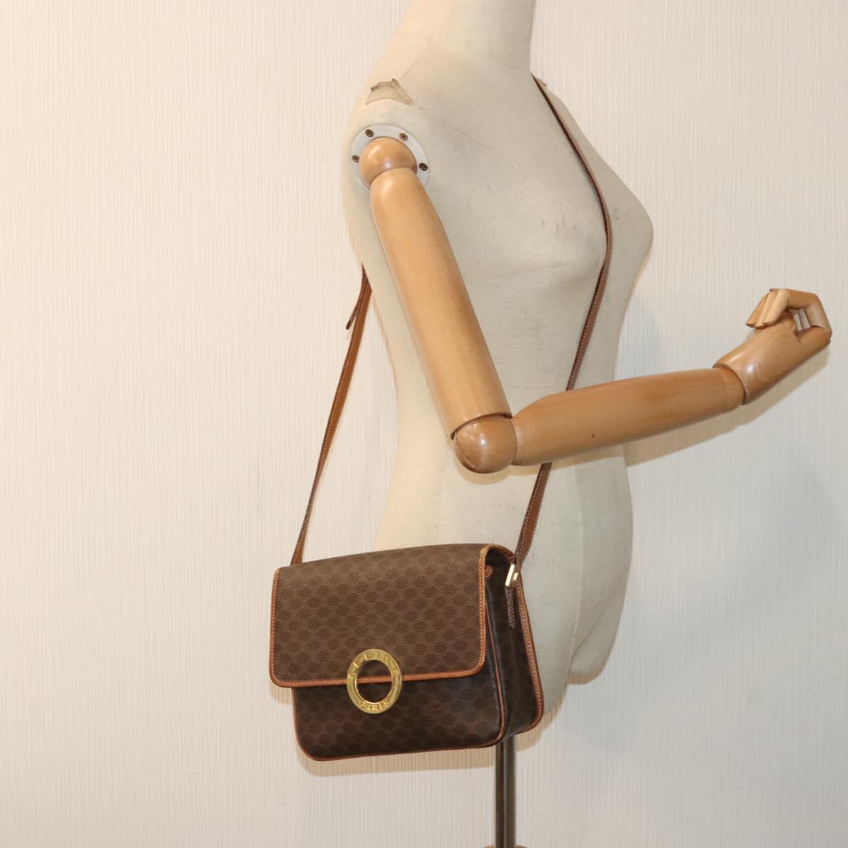 CELINE Macadam Canvas Shoulder Bag PVC Leather Brown Gold Auth 89828