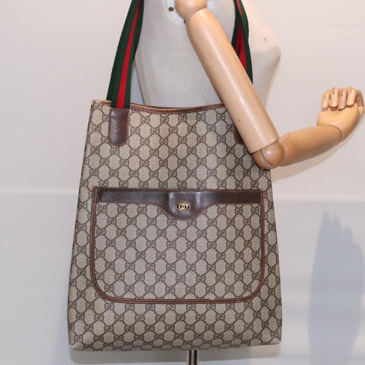 GUCCI GG Supreme Web Sherry Line Tote Bag PVC Beige 16 002 4487 Auth 90167