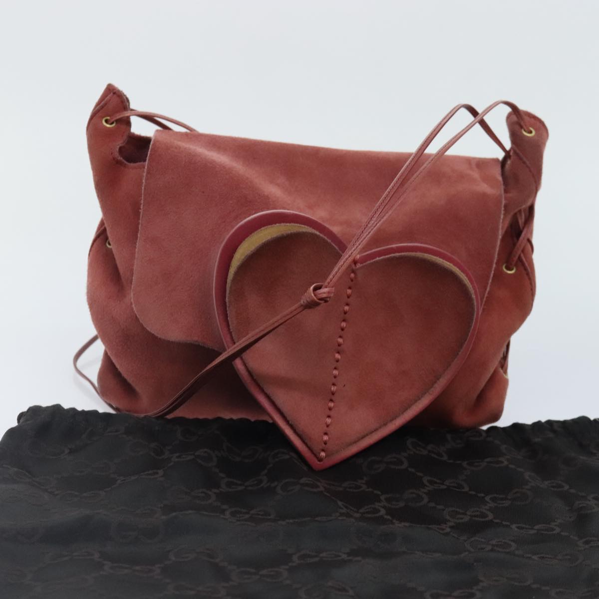 GUCCI Heart Shoulder Bag Suede Red Gold 95107 Auth 90185