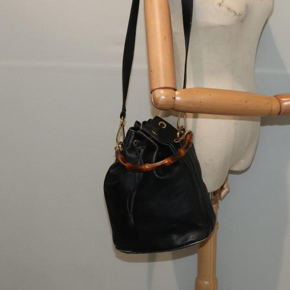 GUCCI Bamboo Shoulder Bag Leather 2way Black Gold 001 2865 1657 Auth 90187