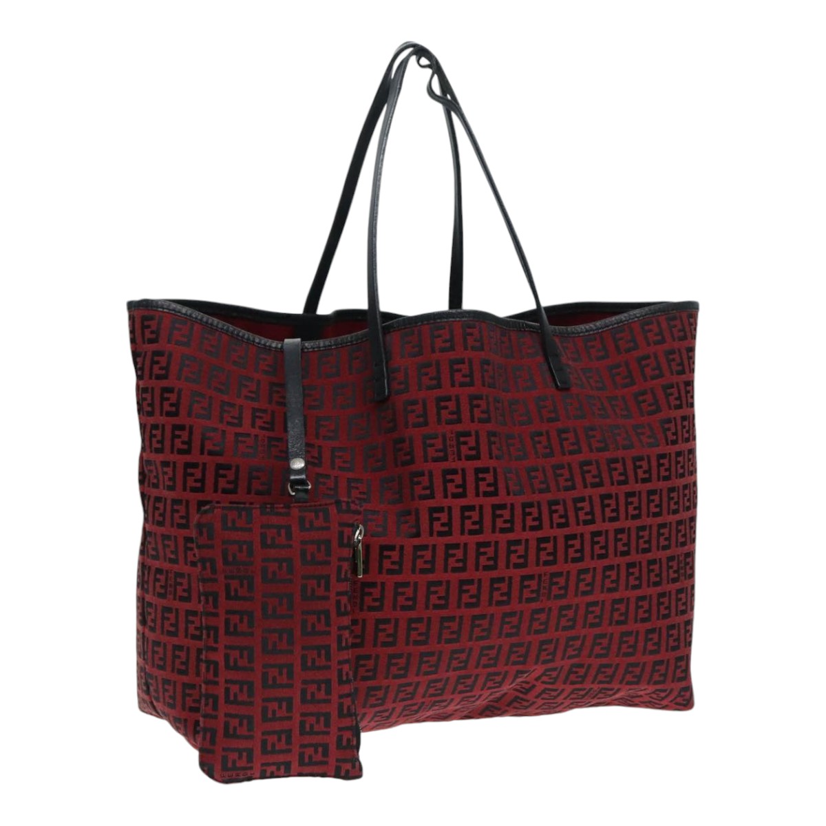 FENDI Zucchino Canvas Tote Bag Red Black Silver Auth 90199