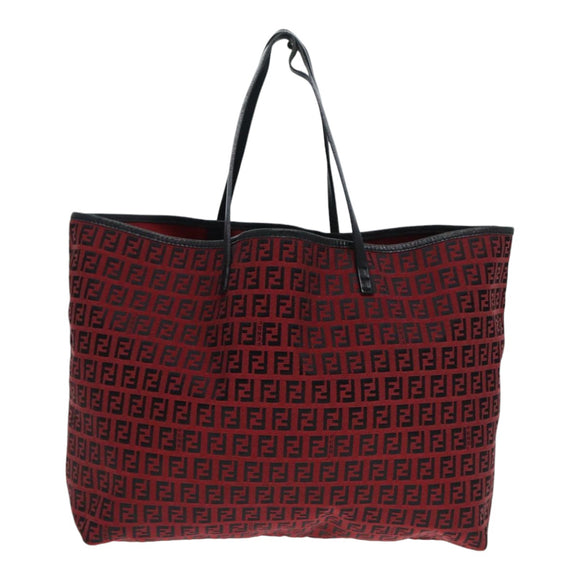 FENDI Zucchino Canvas Tote Bag Red Black Silver Auth 90199