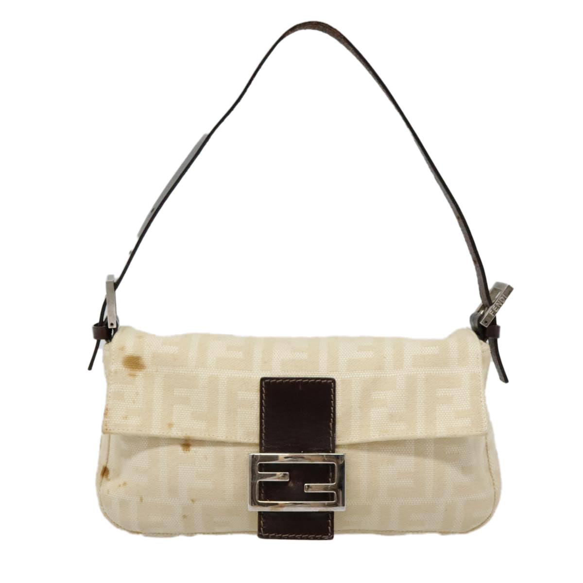 FENDI Zucca Canvas Mamma Baguette Shoulder Bag Beige Brown Silver Auth 90203