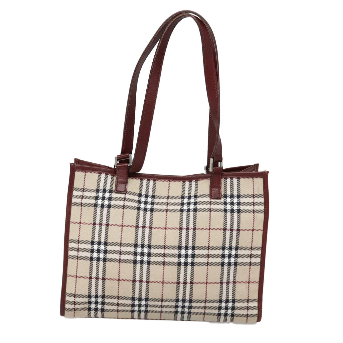 BURBERRY Nova Check Blue Label Tote Bag Canvas Beige Red brown Silver Auth 90206 - 0