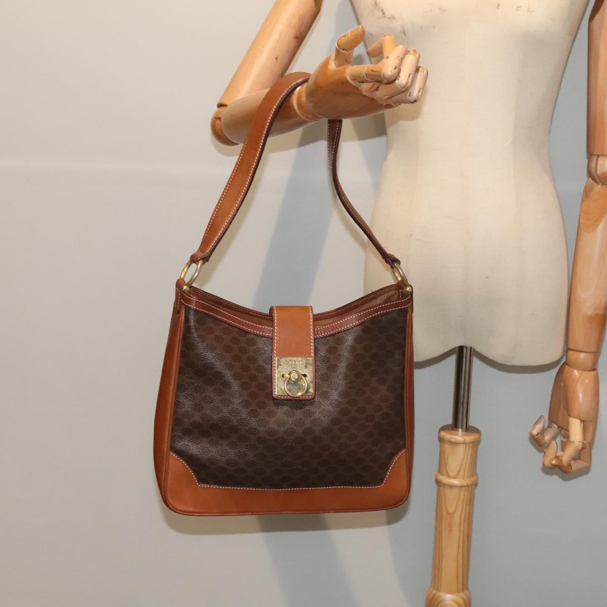 CELINE Macadam Canvas Shoulder Bag PVC Leather Brown Gold Auth 90210