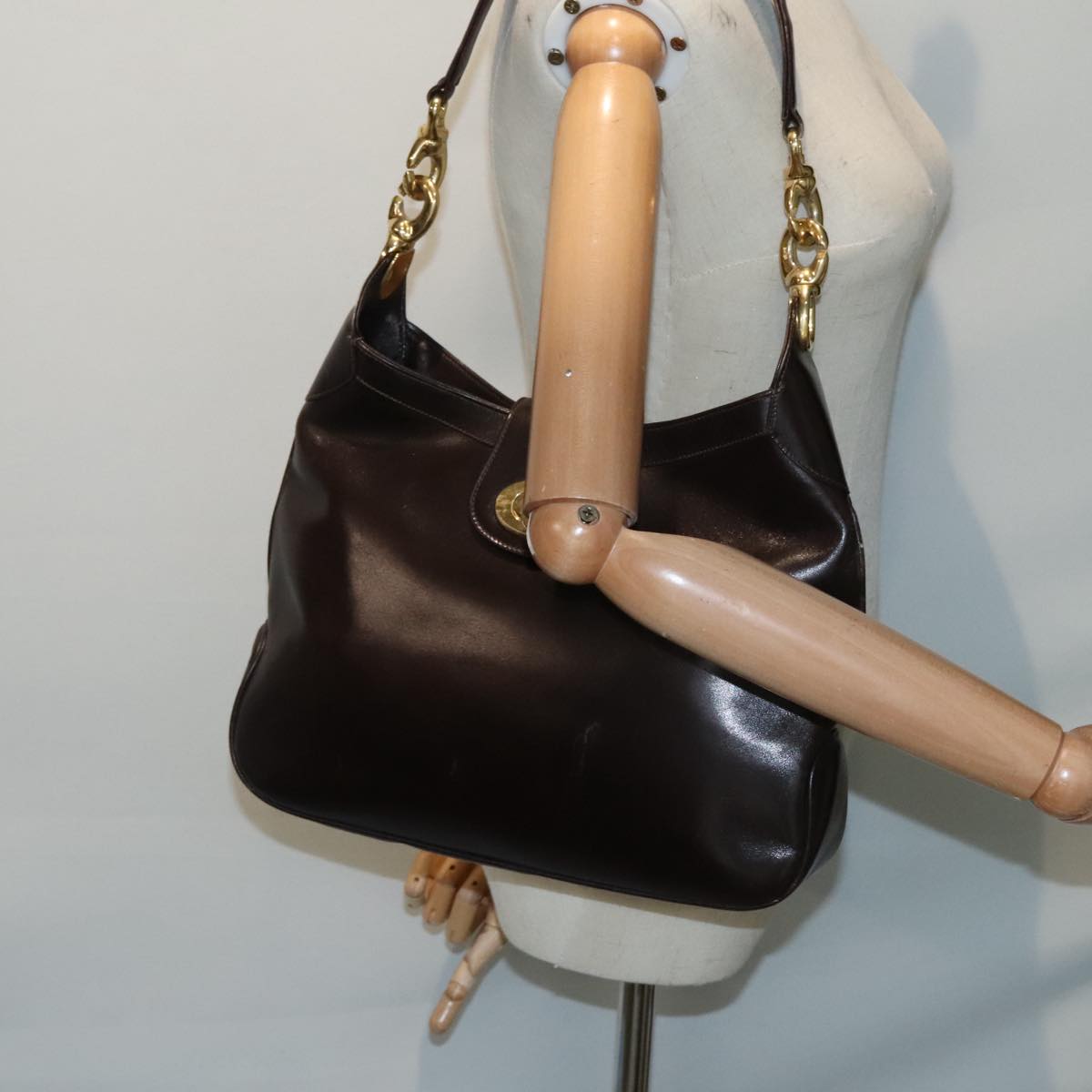 CELINE Shoulder Bag Leather Brown Gold Auth 90214