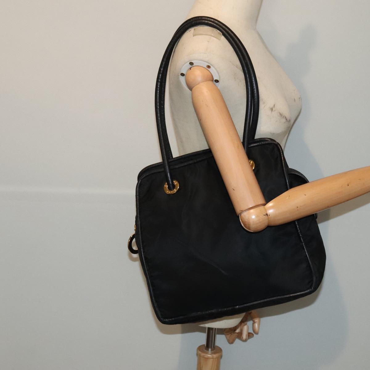 CELINE Hand Bag Nylon Black Gold Auth 90215