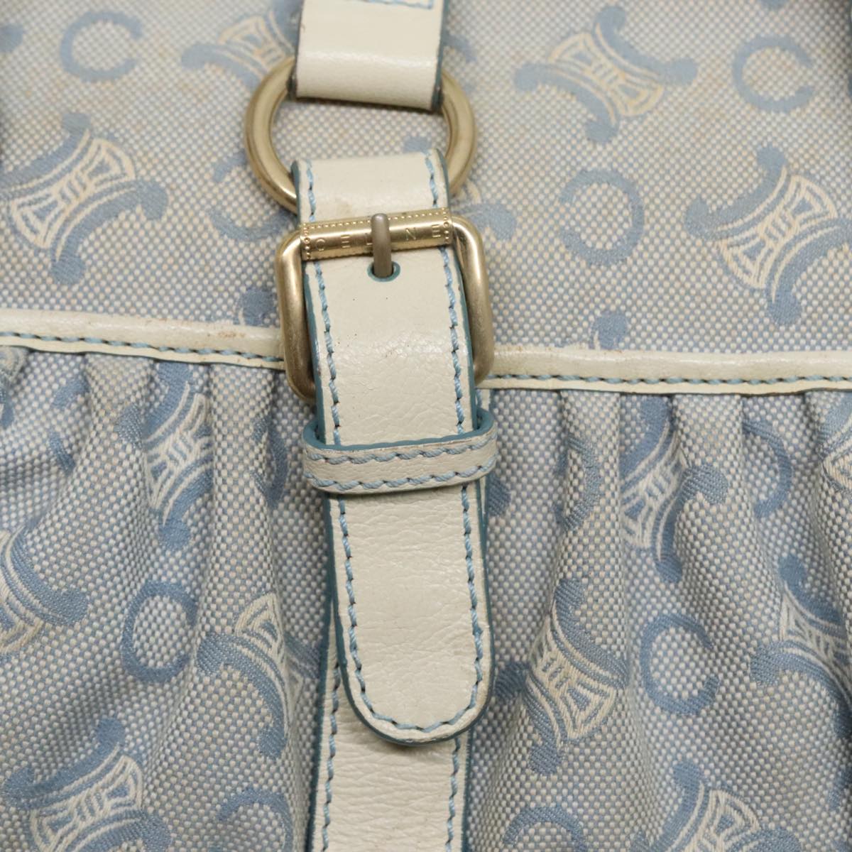 CELINE C Macadam Canvas Hand Bag Light Blue White gold Auth 90217