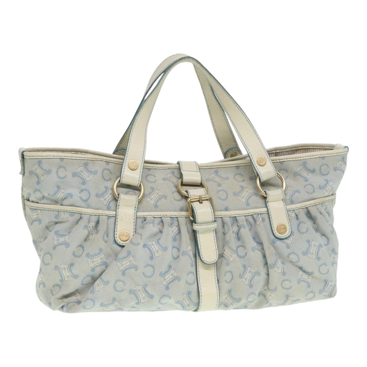 CELINE C Macadam Canvas Hand Bag Light Blue White gold Auth 90217